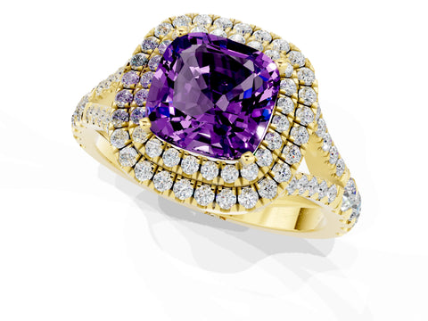 Yellow gold Double Halo Cushion Cut Amethyst Pavé Split Shank Ring with Prong Setting_1