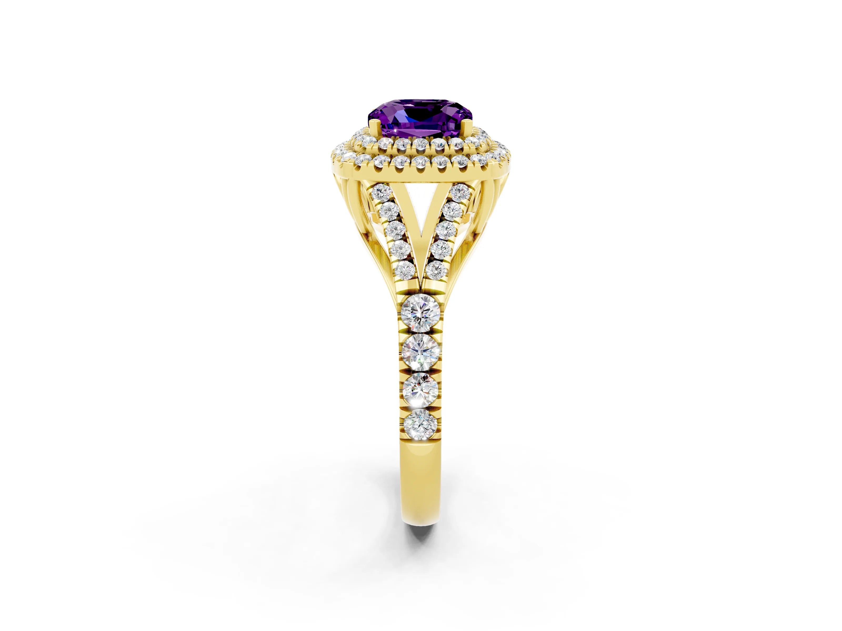 Yellow gold Double Halo Cushion Cut Amethyst Pavé Split Shank Ring with Prong Setting_2