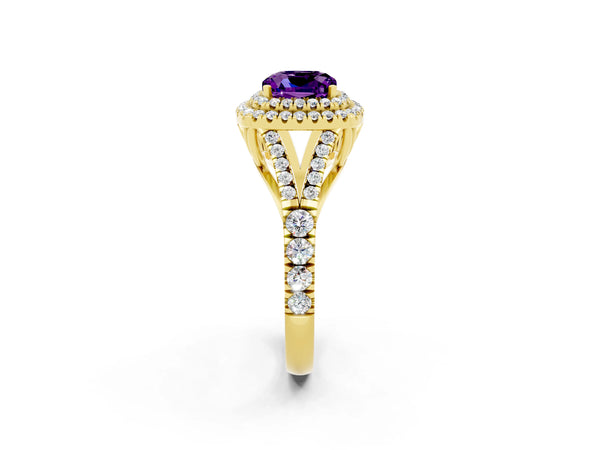 Yellow gold Double Halo Cushion Cut Amethyst Pavé Split Shank Ring with Prong Setting