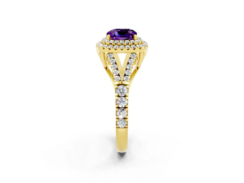 Yellow gold Double Halo Cushion Cut Amethyst Pavé Split Shank Ring with Prong Setting_2