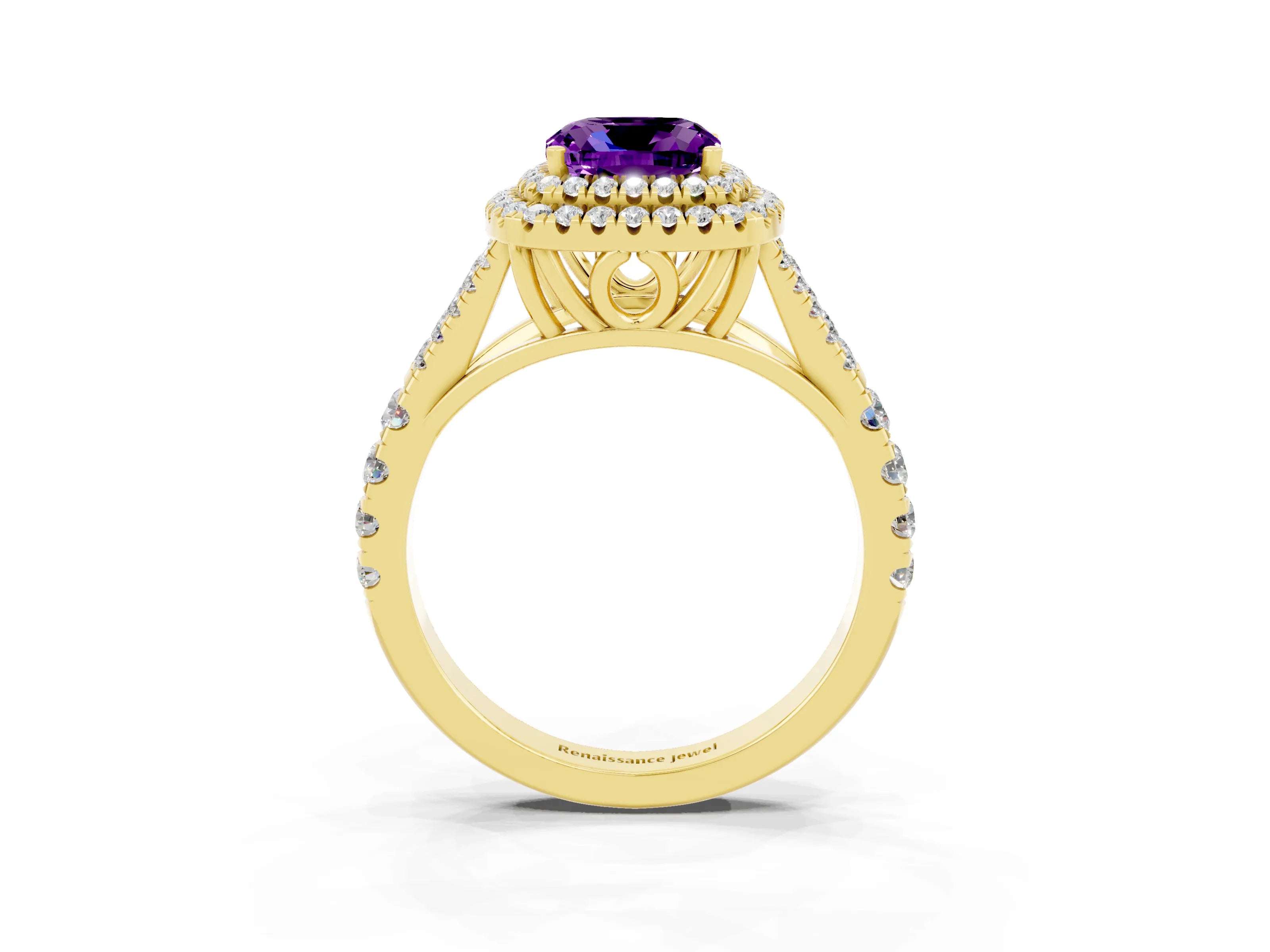 Yellow gold Double Halo Cushion Cut Amethyst Pavé Split Shank Ring with Prong Setting_3