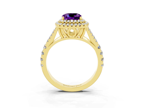 Yellow gold Double Halo Cushion Cut Amethyst Pavé Split Shank Ring with Prong Setting