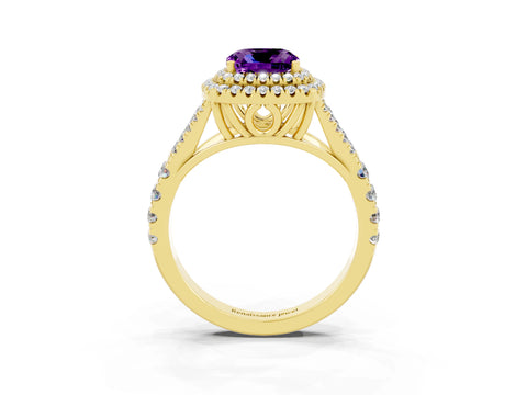 Yellow gold Double Halo Cushion Cut Amethyst Pavé Split Shank Ring with Prong Setting_3