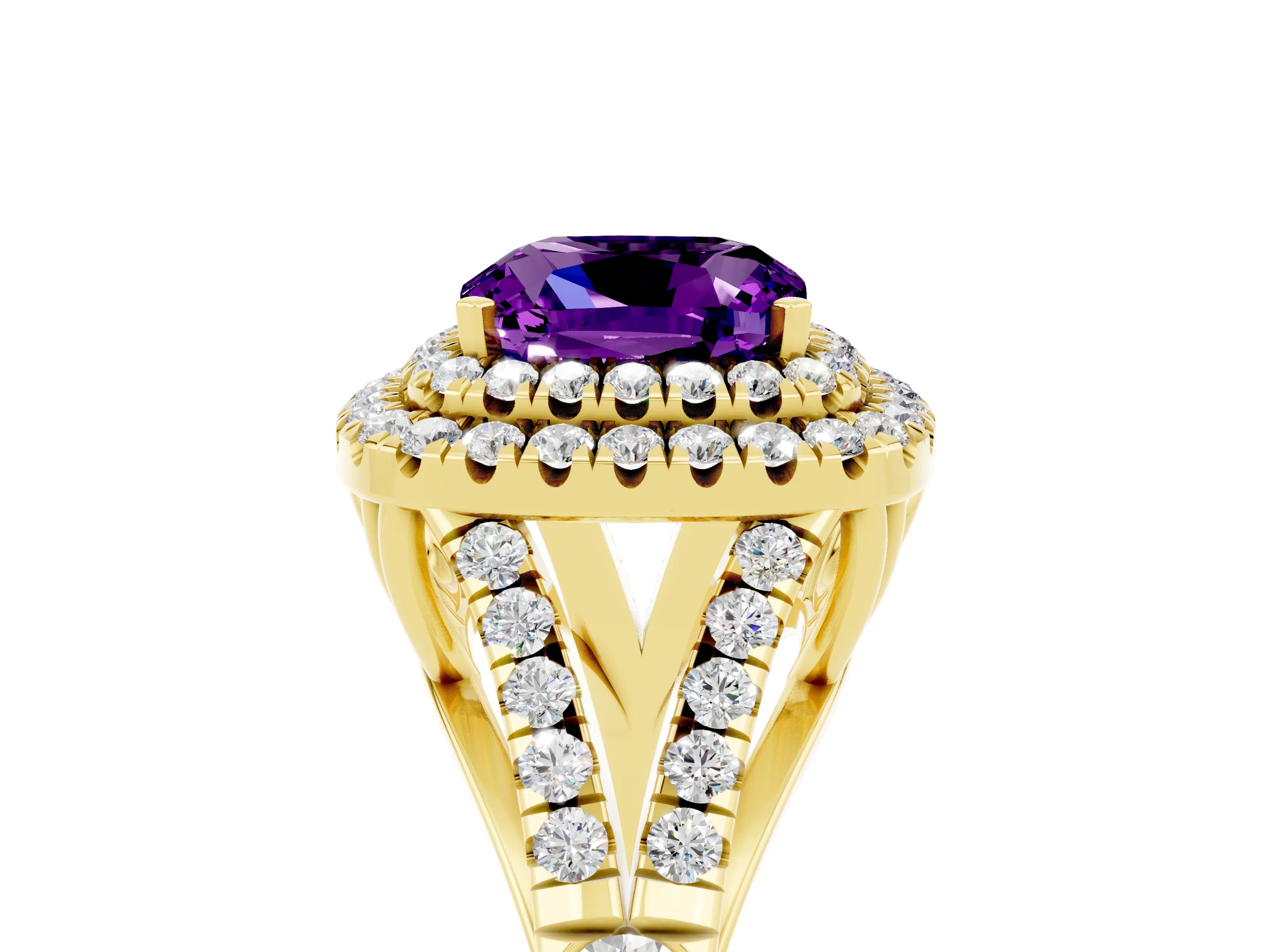 Yellow gold Double Halo Cushion Cut Amethyst Pavé Split Shank Ring with Prong Setting_5