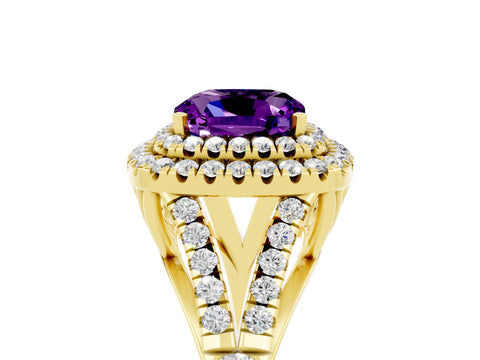 Yellow gold Double Halo Cushion Cut Amethyst Pavé Split Shank Ring with Prong Setting_5