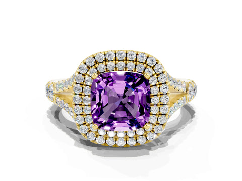 Yellow gold Double Halo Cushion Cut Amethyst Pavé Split Shank Ring with Prong Setting
