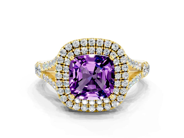 Yellow gold Double Halo Cushion Cut Amethyst Split Shank Engagement Ring with Four-Prong Setting