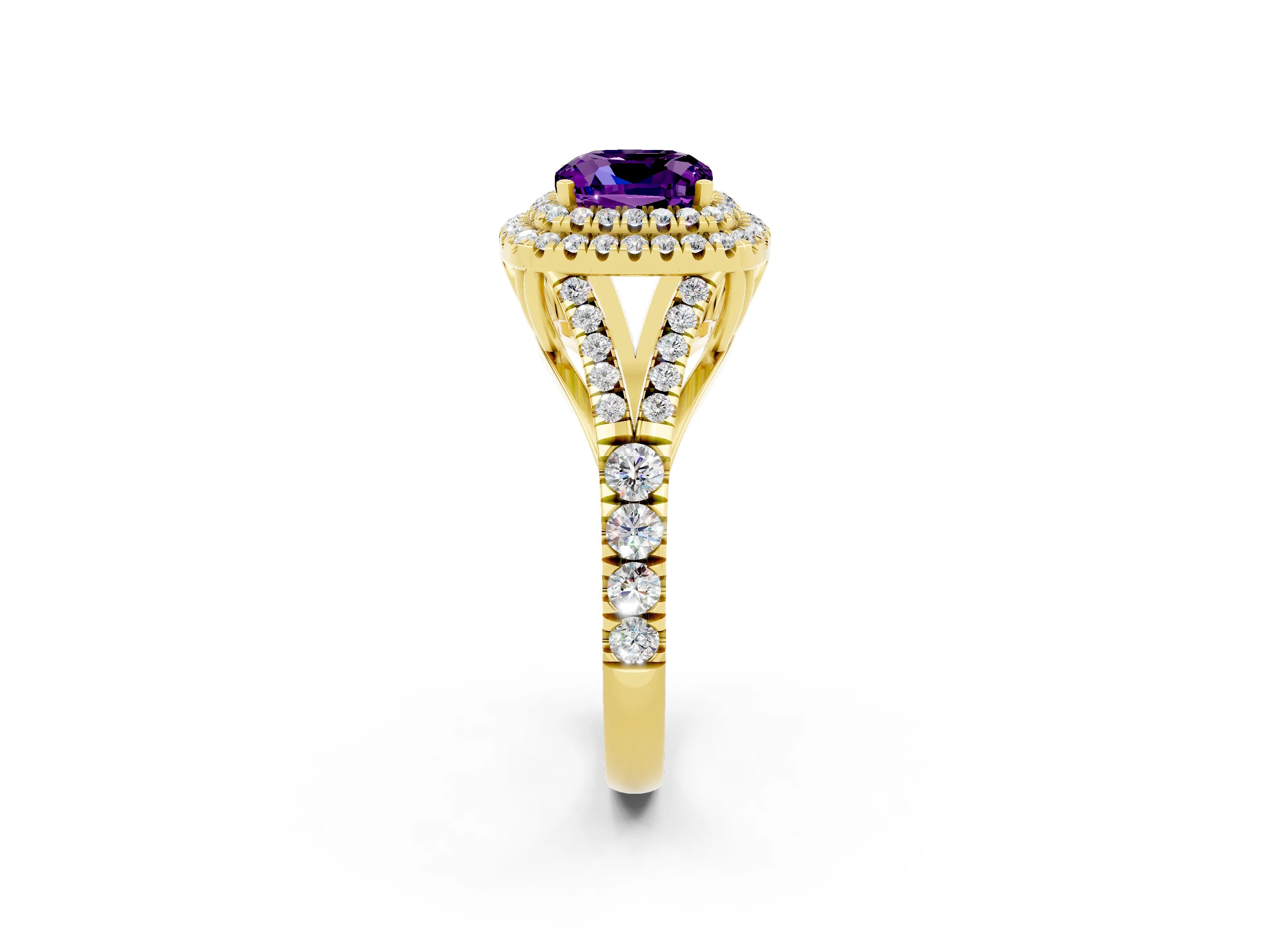 Yellow gold Double Halo Cushion Cut Amethyst Split Shank Engagement Ring with Four-Prong Setting_2