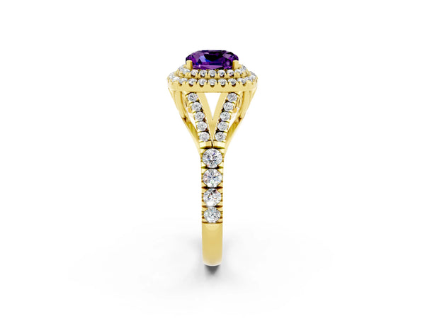 Yellow gold Double Halo Cushion Cut Amethyst Split Shank Engagement Ring with Four-Prong Setting