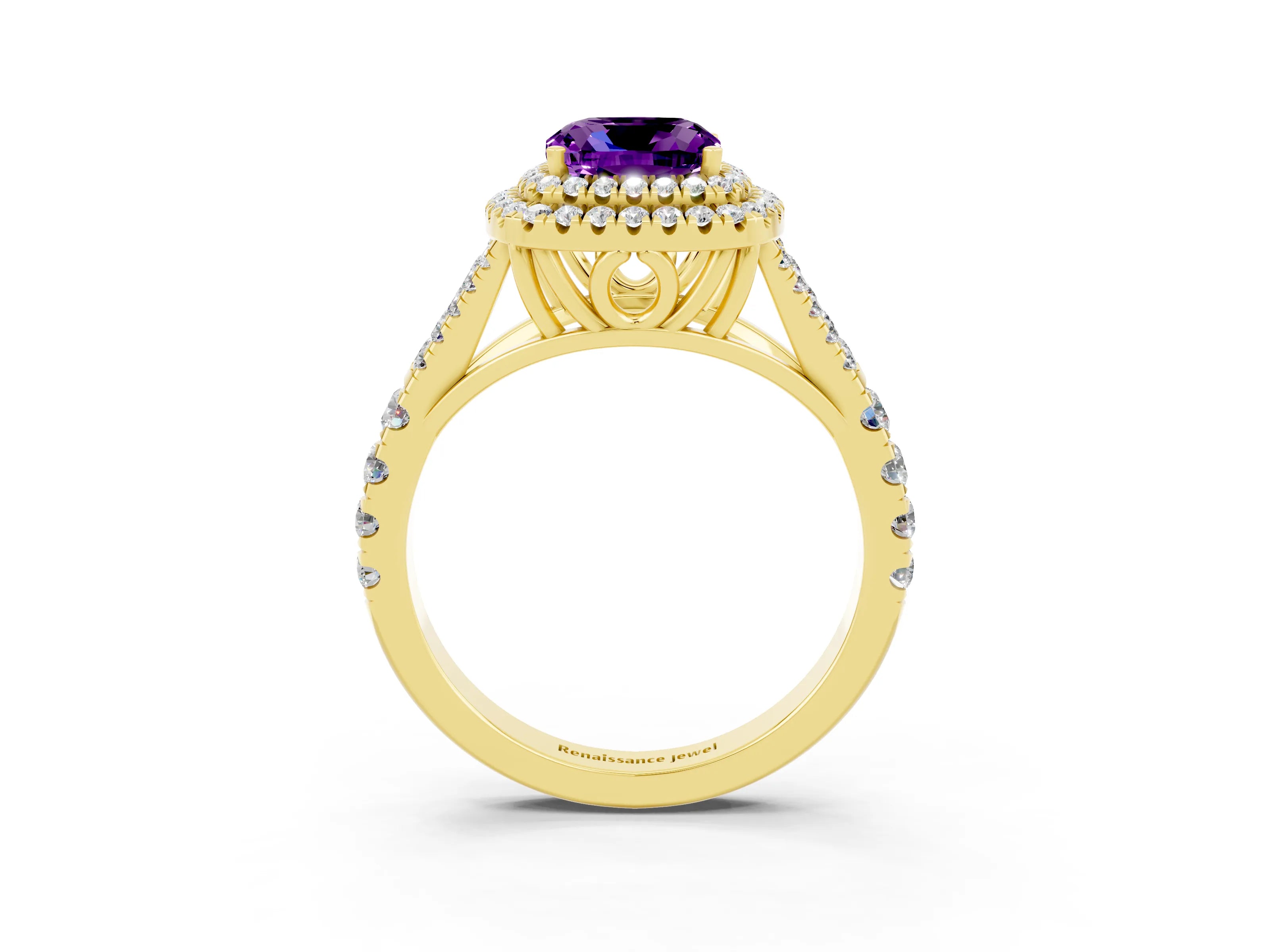 Yellow gold Double Halo Cushion Cut Amethyst Split Shank Engagement Ring with Four-Prong Setting_3