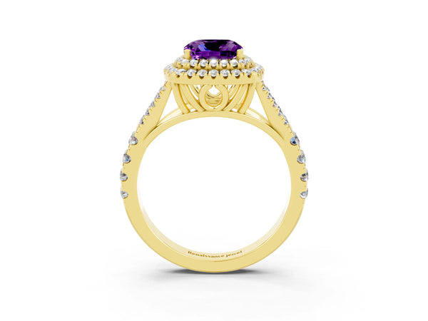 Yellow gold Double Halo Cushion Cut Amethyst Split Shank Engagement Ring with Four-Prong Setting