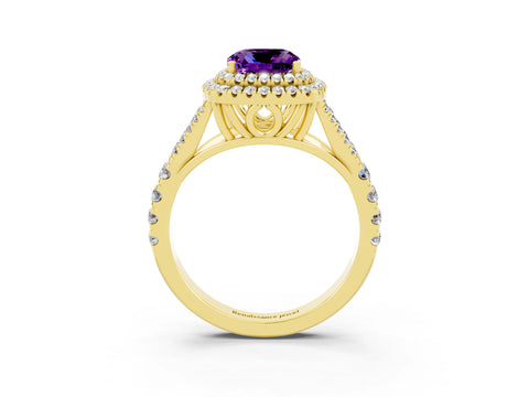 Yellow gold Double Halo Cushion Cut Amethyst Split Shank Engagement Ring with Four-Prong Setting_3