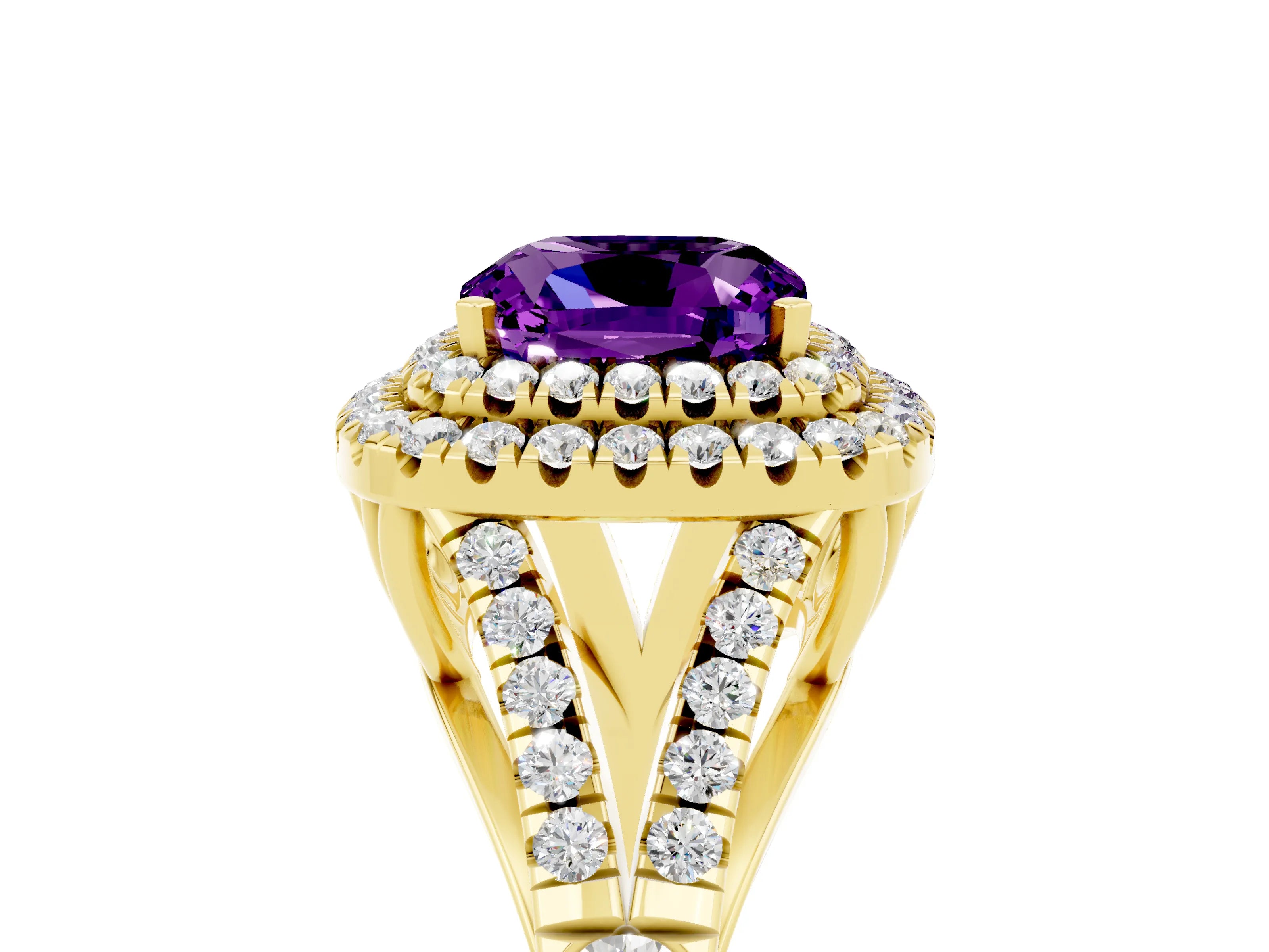Yellow gold Double Halo Cushion Cut Amethyst Split Shank Engagement Ring with Four-Prong Setting_5