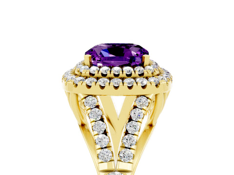 Yellow gold Double Halo Cushion Cut Amethyst Split Shank Engagement Ring with Four-Prong Setting_5