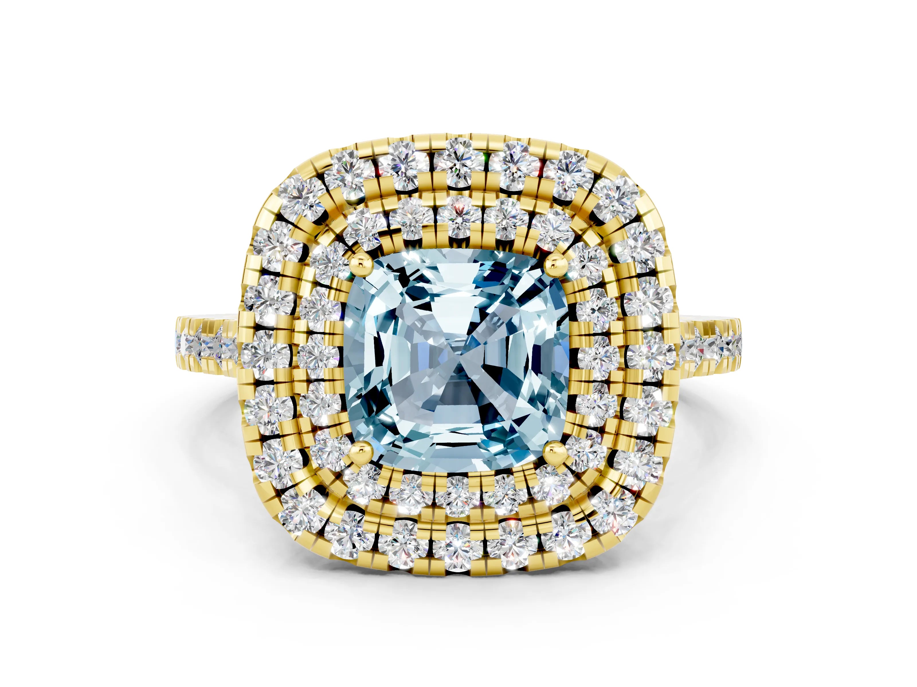 Yellow gold Double Halo Cushion Cut Aquamarine Pavé Band with Four-Prong Setting