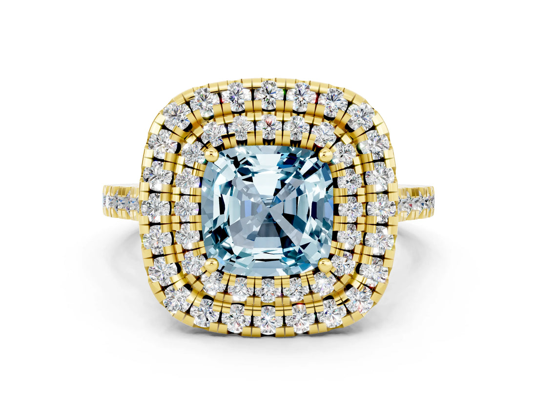 Yellow gold Double Halo Cushion Cut Aquamarine Pavé Band with Four-Prong Setting