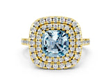 Yellow gold Double Halo Cushion Cut Aquamarine Pavé Band with Four-Prong Setting