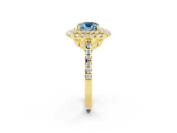 Yellow gold Double Halo Cushion Cut Aquamarine Pavé Band with Four-Prong Setting