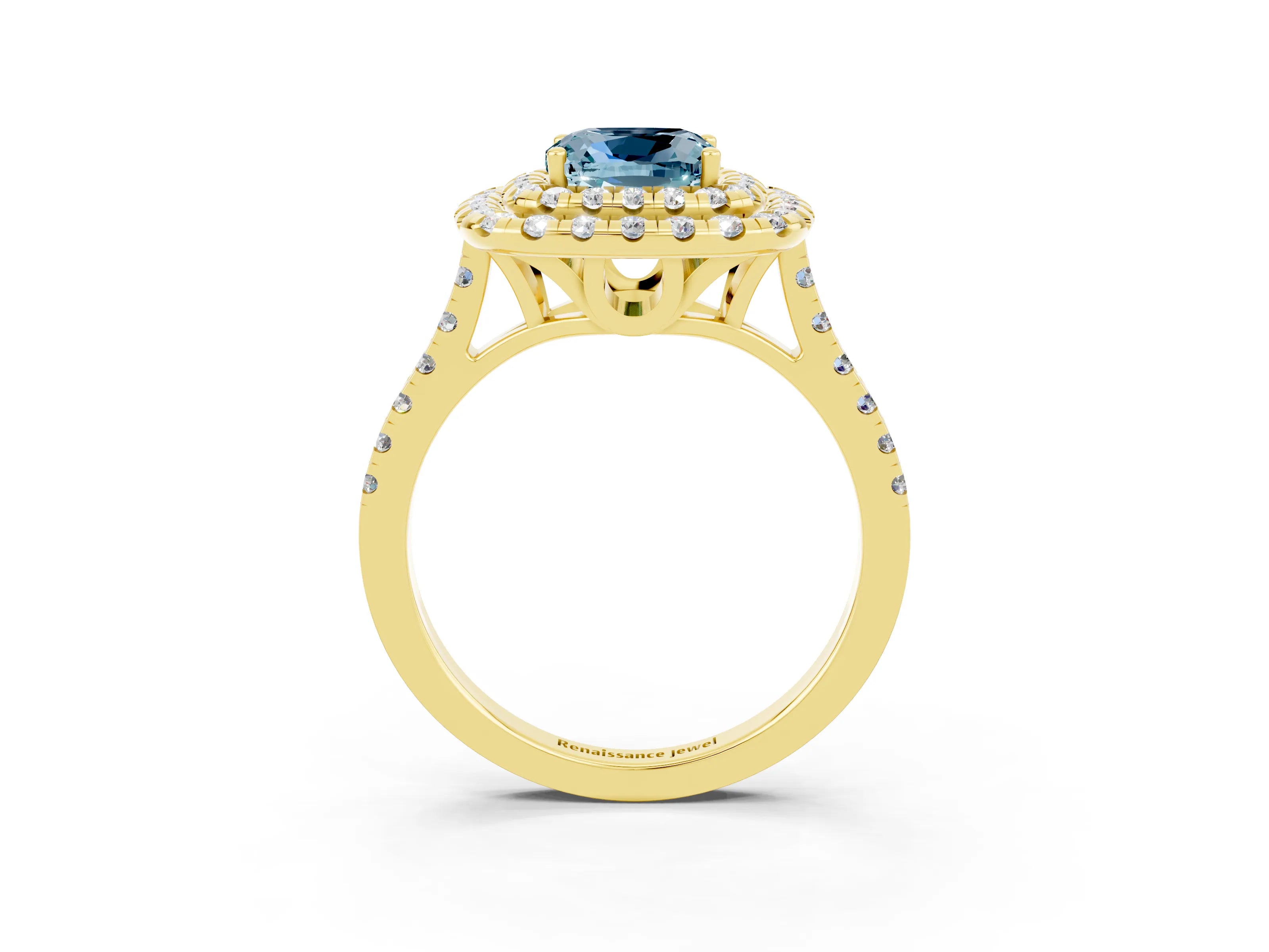 Yellow gold Double Halo Cushion Cut Aquamarine Pavé Band with Four-Prong Setting_3