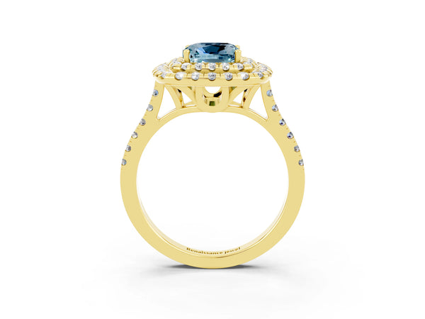 Yellow gold Double Halo Cushion Cut Aquamarine Pavé Band with Four-Prong Setting