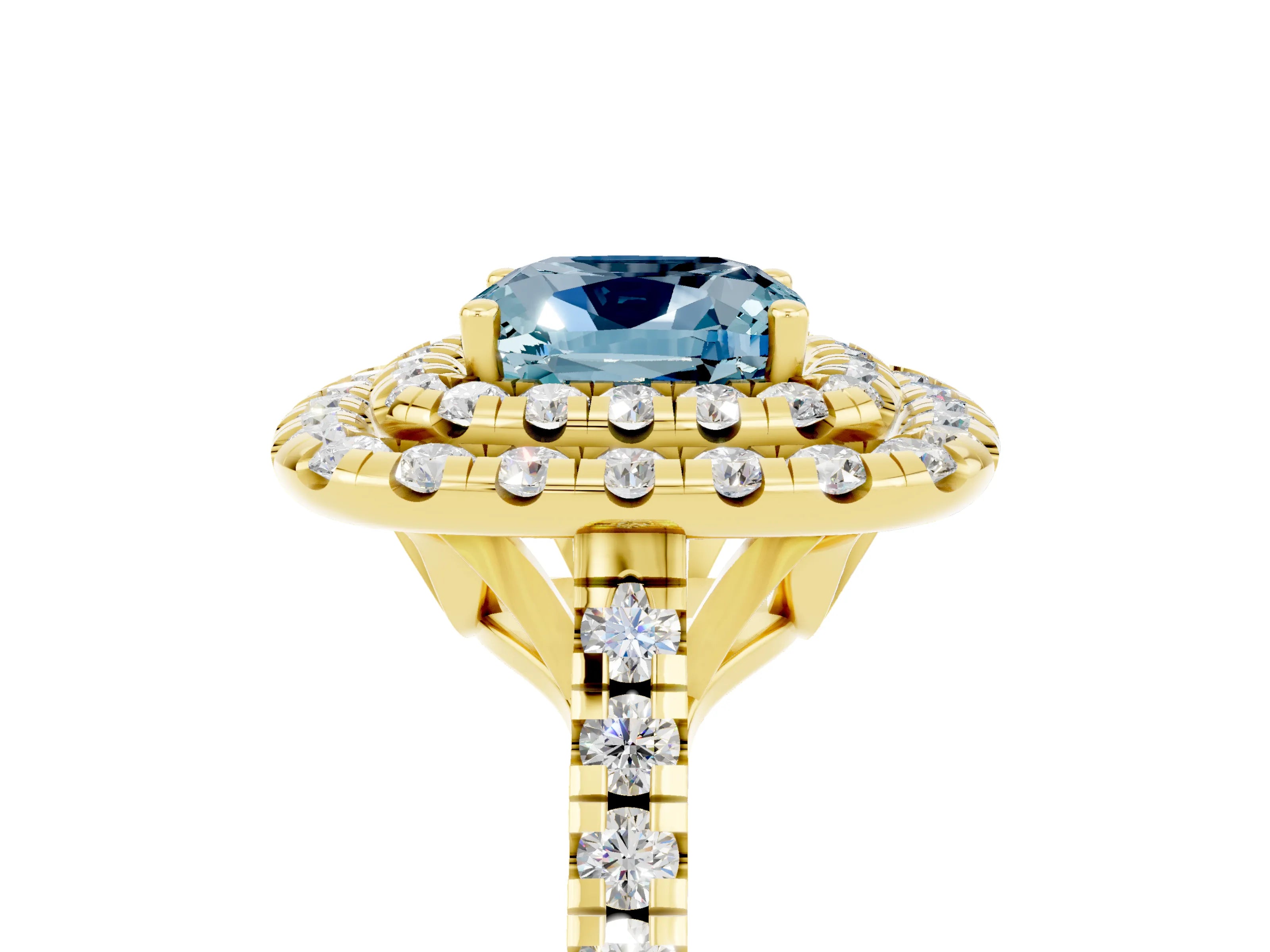 Yellow gold Double Halo Cushion Cut Aquamarine Pavé Band with Four-Prong Setting_5