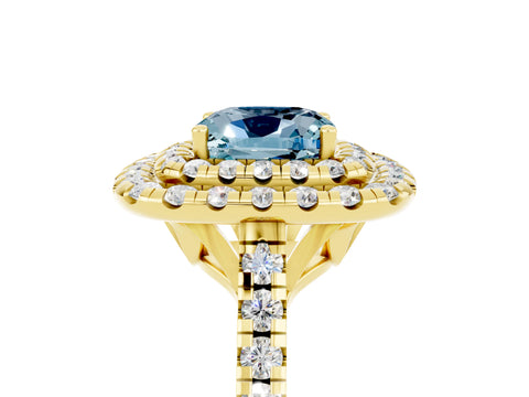 Yellow gold Double Halo Cushion Cut Aquamarine Pavé Band with Four-Prong Setting_5