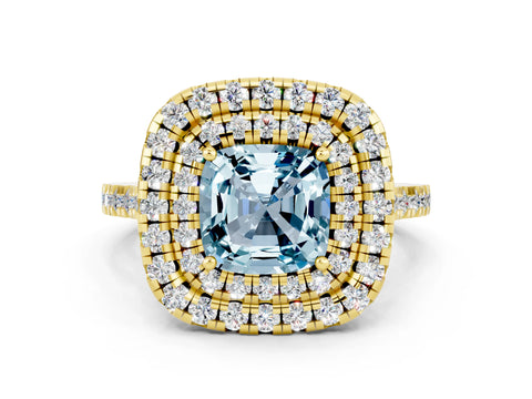Yellow gold Double Halo Cushion Cut Aquamarine Pavé Band with Four-Prong Setting