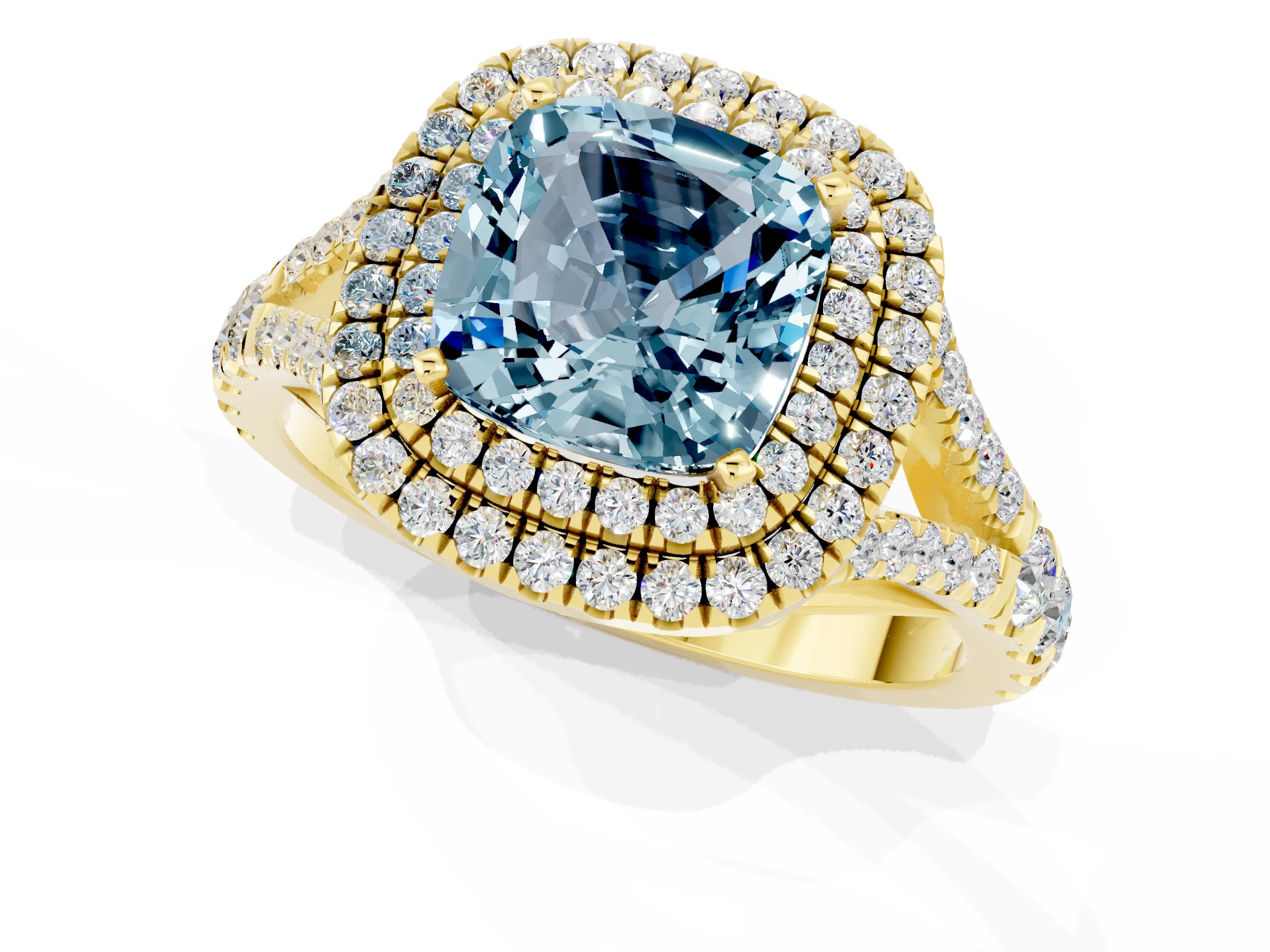 Yellow gold Double Halo Cushion Cut Aquamarine Pavé Split Shank Ring with Prong Setting_1