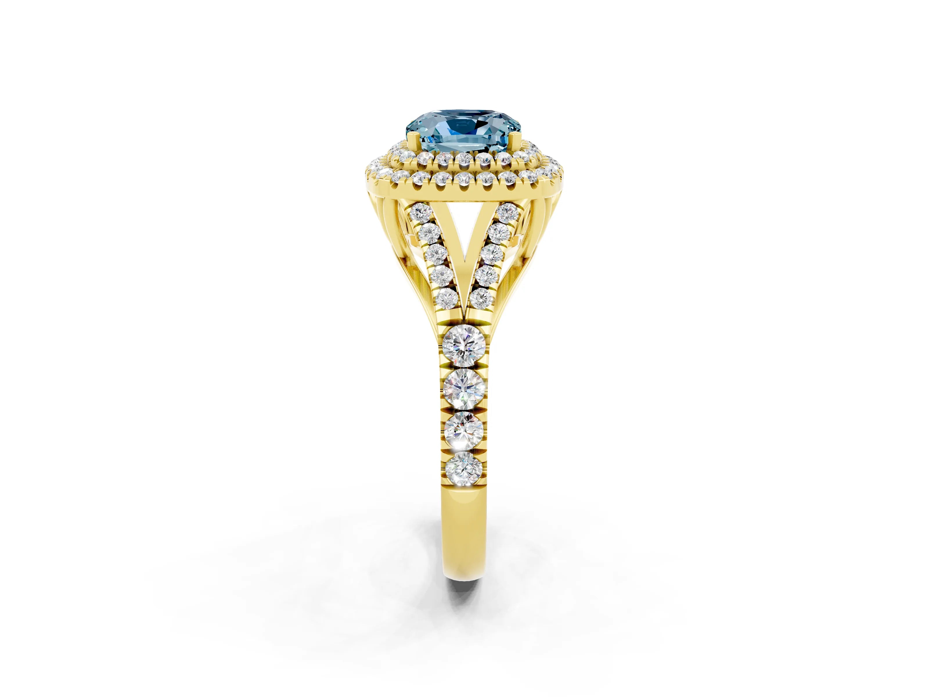 Yellow gold Double Halo Cushion Cut Aquamarine Pavé Split Shank Ring with Prong Setting_2