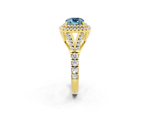 Yellow gold Double Halo Cushion Cut Aquamarine Pavé Split Shank Ring with Prong Setting