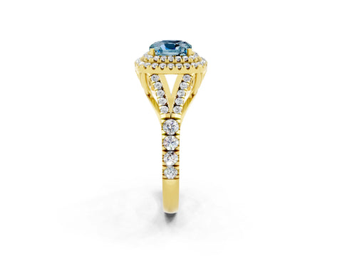 Yellow gold Double Halo Cushion Cut Aquamarine Pavé Split Shank Ring with Prong Setting_2