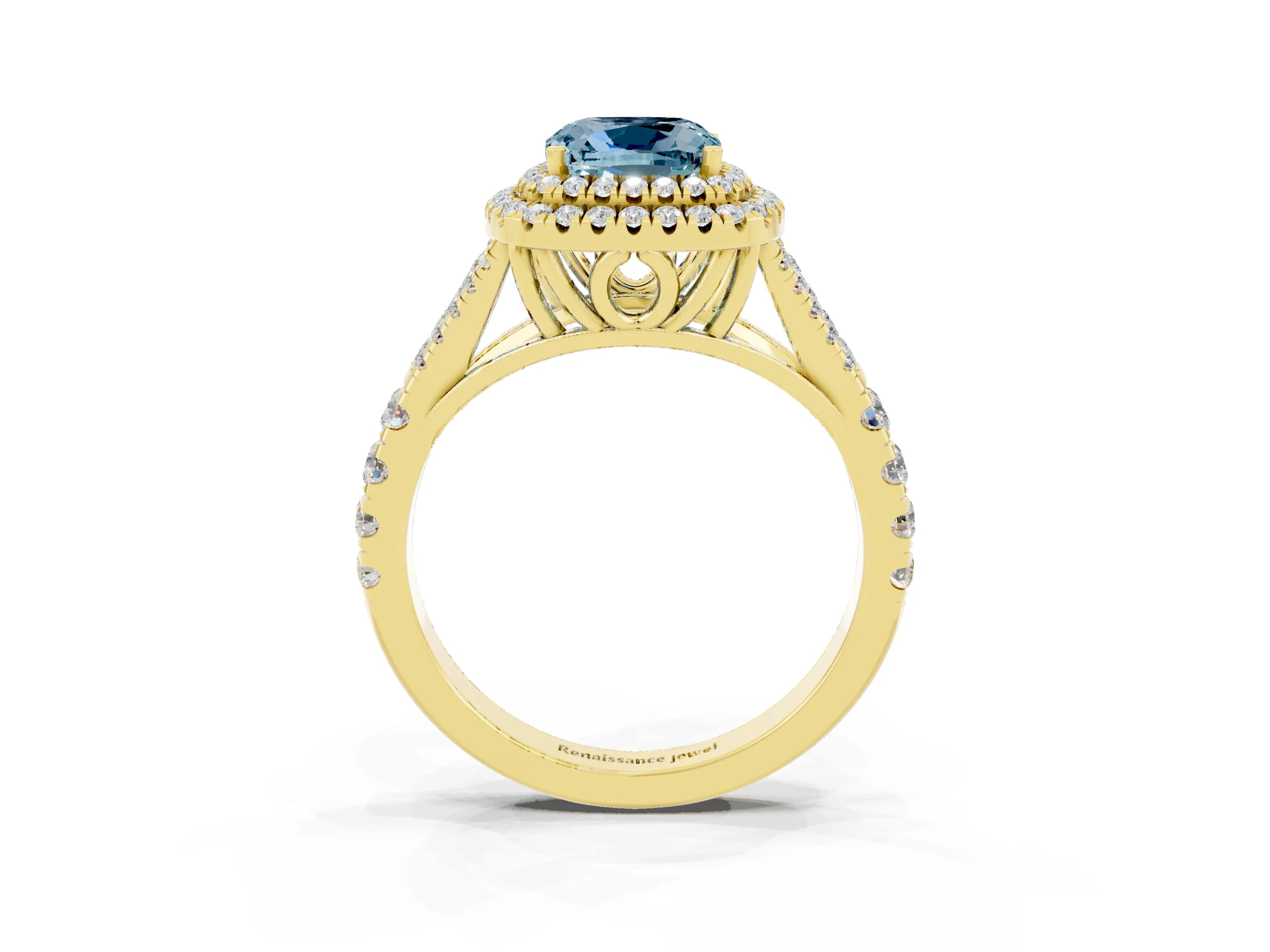 Yellow gold Double Halo Cushion Cut Aquamarine Pavé Split Shank Ring with Prong Setting_3