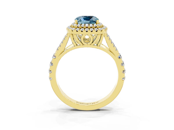 Yellow gold Double Halo Cushion Cut Aquamarine Pavé Split Shank Ring with Prong Setting