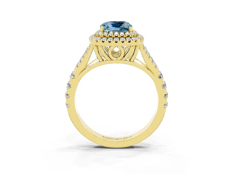Yellow gold Double Halo Cushion Cut Aquamarine Pavé Split Shank Ring with Prong Setting_3