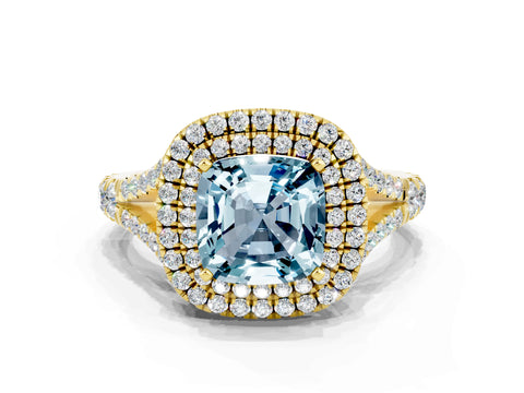 Yellow gold Double Halo Cushion Cut Aquamarine Pavé Split Shank Ring with Prong Setting