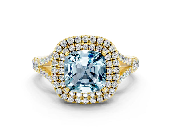 Yellow gold Double Halo Cushion Cut Aquamarine Split Shank Engagement Ring with Four-Prong Setting