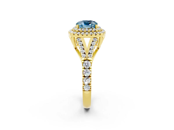 Yellow gold Double Halo Cushion Cut Aquamarine Split Shank Engagement Ring with Four-Prong Setting
