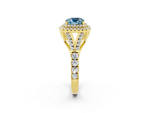 Yellow gold Double Halo Cushion Cut Aquamarine Split Shank Engagement Ring with Four-Prong Setting_2