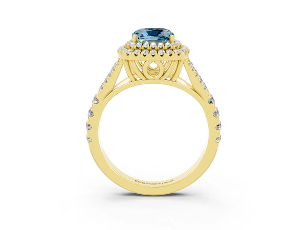 Yellow gold Double Halo Cushion Cut Aquamarine Split Shank Engagement Ring with Four-Prong Setting