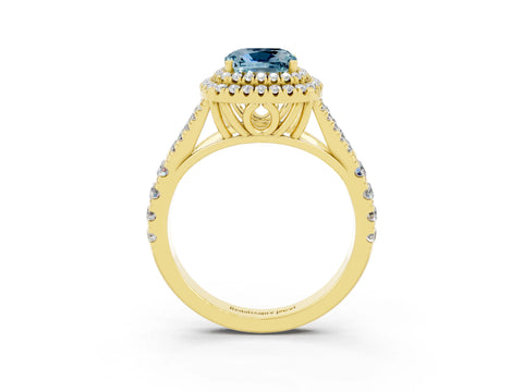 Yellow gold Double Halo Cushion Cut Aquamarine Split Shank Engagement Ring with Four-Prong Setting_3