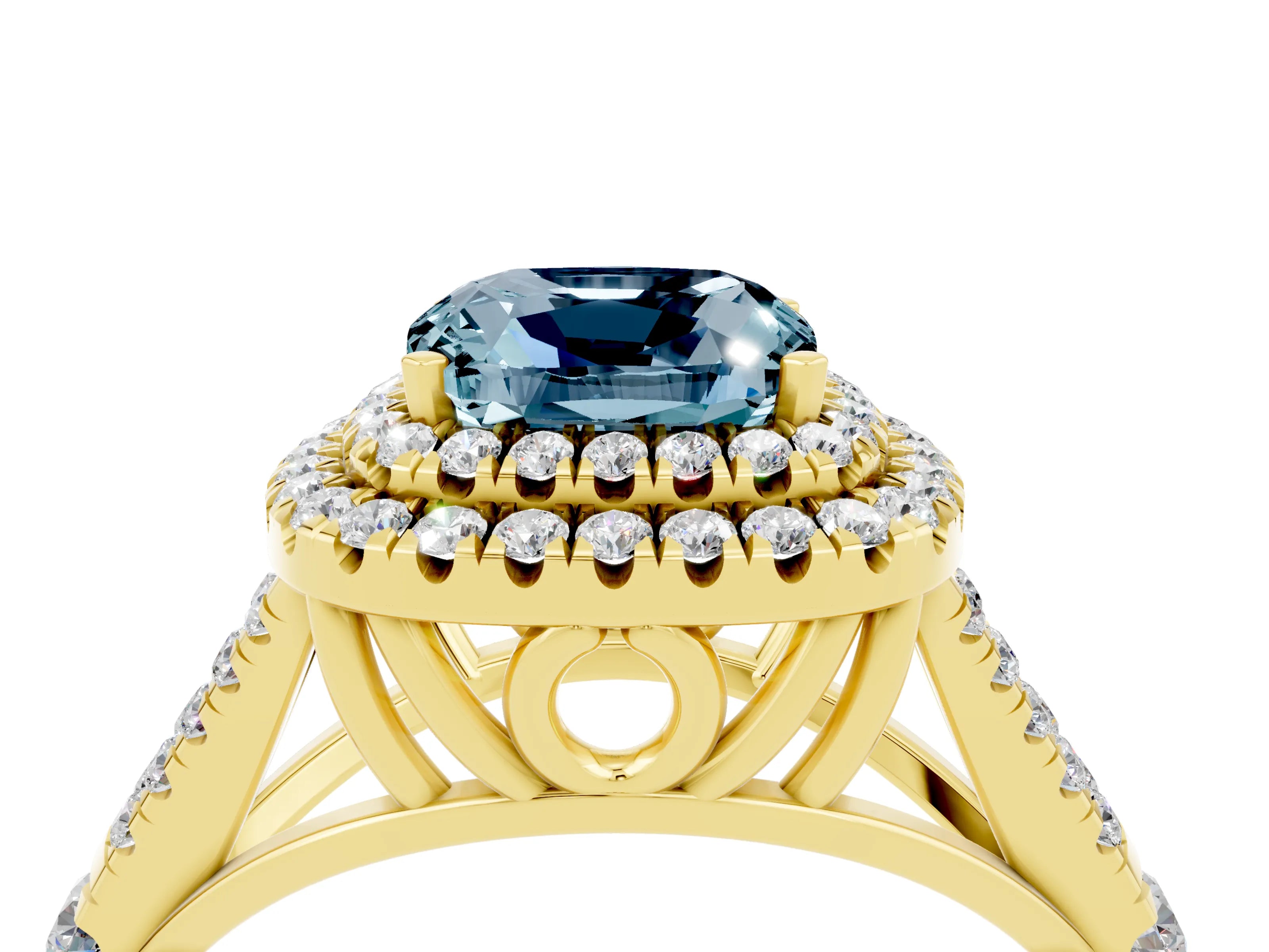 Yellow gold Double Halo Cushion Cut Aquamarine Split Shank Engagement Ring with Four-Prong Setting_4