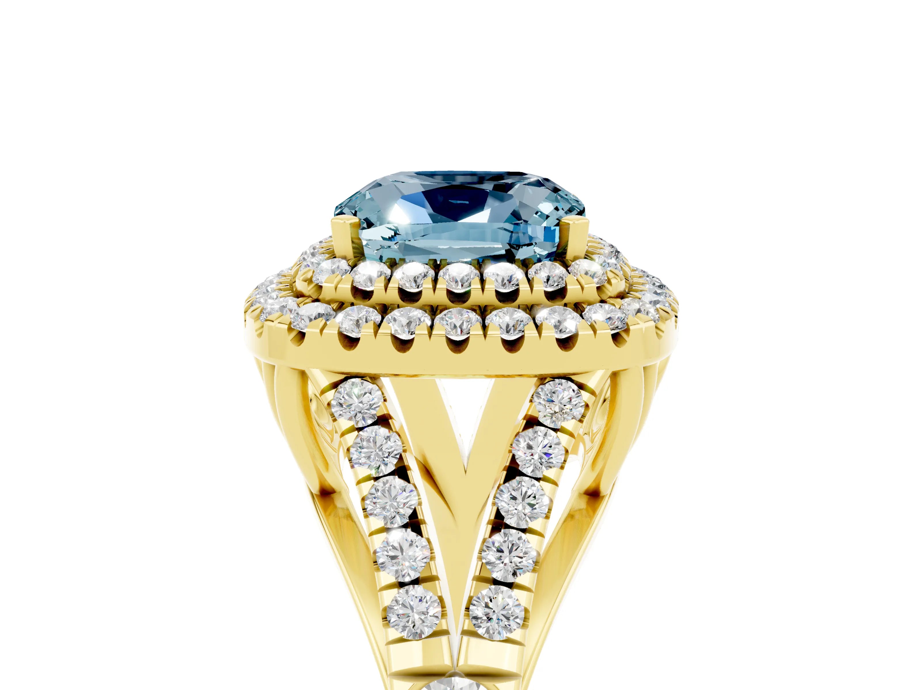 Yellow gold Double Halo Cushion Cut Aquamarine Split Shank Engagement Ring with Four-Prong Setting_5