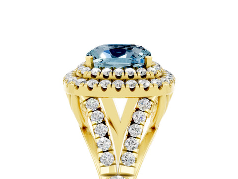 Yellow gold Double Halo Cushion Cut Aquamarine Split Shank Engagement Ring with Four-Prong Setting_5