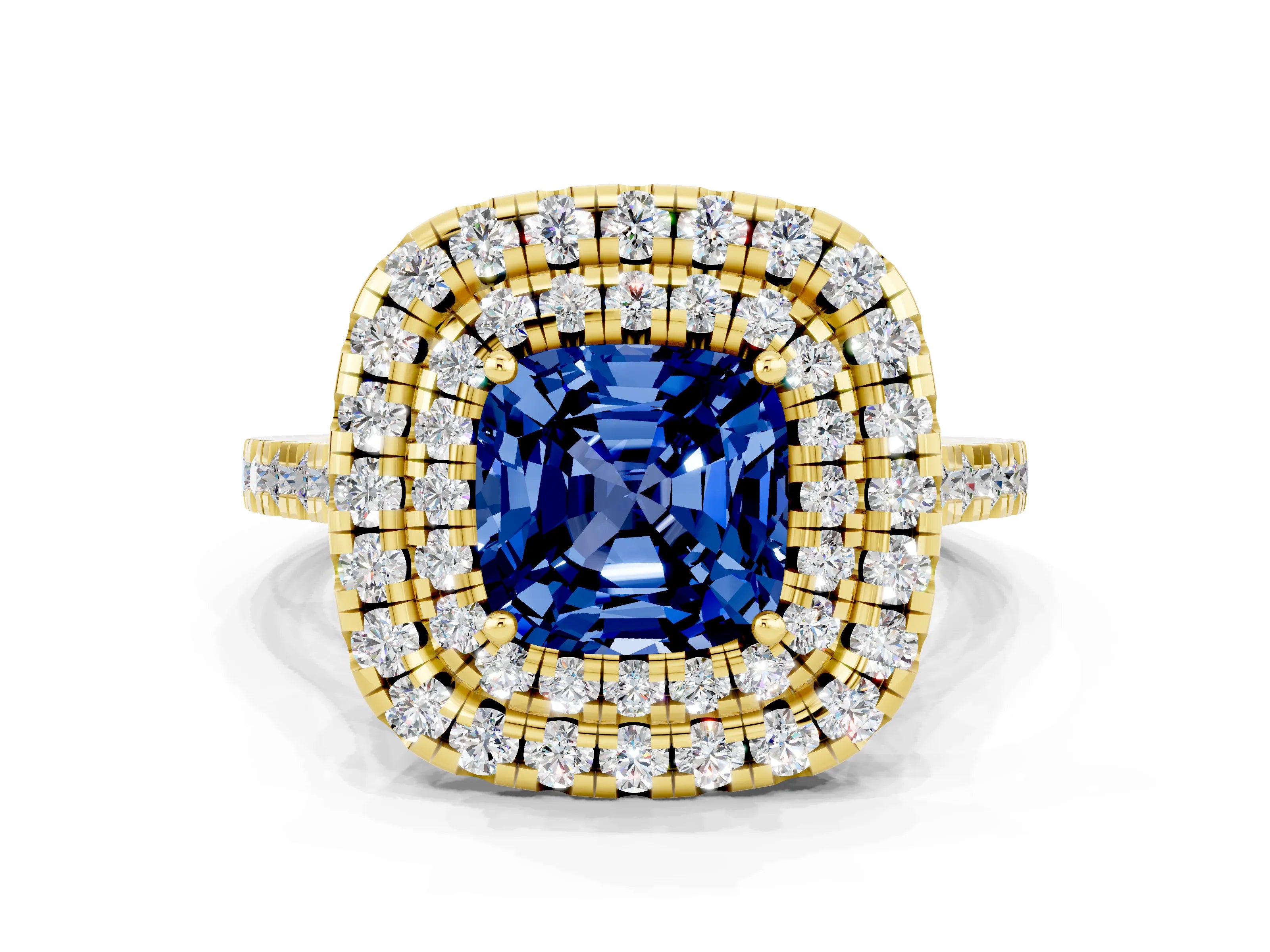 Yellow gold Double Halo Cushion Cut Blue Sapphire Pavé Band with Four-Prong Setting