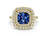 Yellow gold Double Halo Cushion Cut Blue Sapphire Pavé Band with Four-Prong Setting