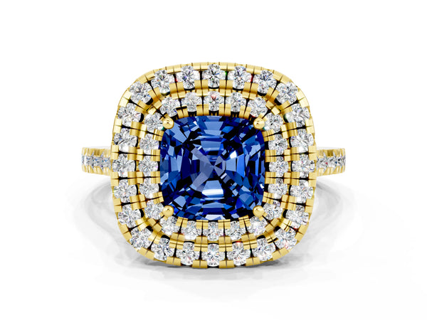Yellow gold Double Halo Cushion Cut Blue Sapphire Pavé Band with Four-Prong Setting