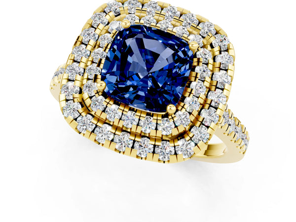 Yellow gold Double Halo Cushion Cut Blue Sapphire Pavé Band with Four-Prong Setting
