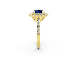 Yellow gold Double Halo Cushion Cut Blue Sapphire Pavé Band with Four-Prong Setting_2