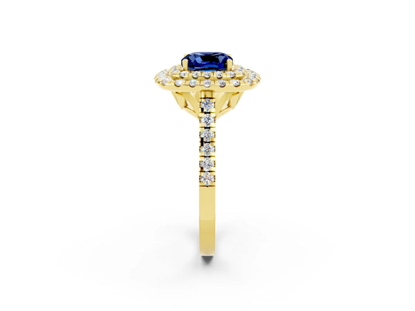 Yellow gold Double Halo Cushion Cut Blue Sapphire Pavé Band with Four-Prong Setting