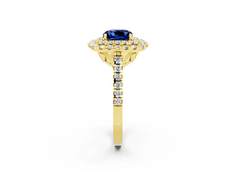 Yellow gold Double Halo Cushion Cut Blue Sapphire Pavé Band with Four-Prong Setting_2